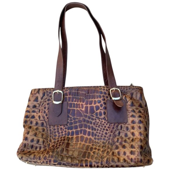 Due Fratelli 2 Strap Brown Leather Tote Shoulder Bag Crocodile Embossed mob wife - Picture 11 of 16